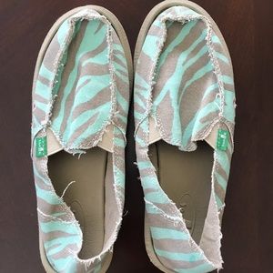 Sanuk Gray and Mint Zebra Slip-ons